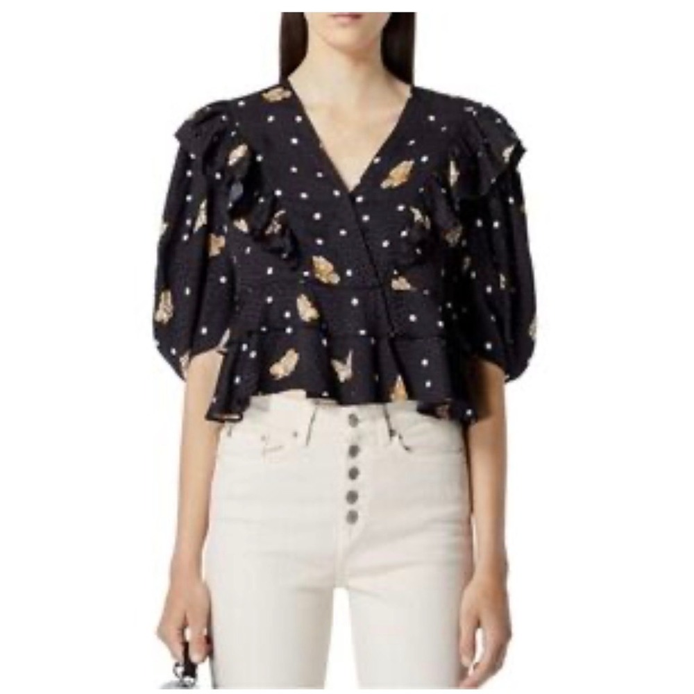 The‎ Kooples Butterfly Polka Dot Wrap Peplum Blouse Women FR 2/US M Black Ruffle